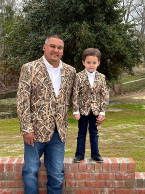 Father and son wearing Shadow Grass Blades Perfect Pattern Sportcoats