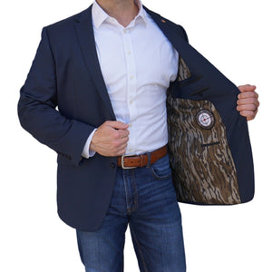 Super 100's Australian Merino Wool Blend Navy Blazer
Lined in Mossy Oak Original Bottomland 
Half-Canvassed Construction