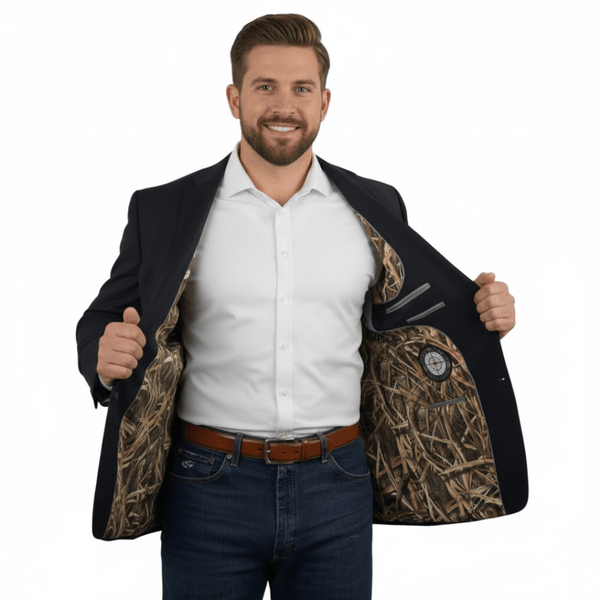 A man wearing a Perfect Pattern Sportcoat with Mossy Oak Shadow Grass Blades Liner