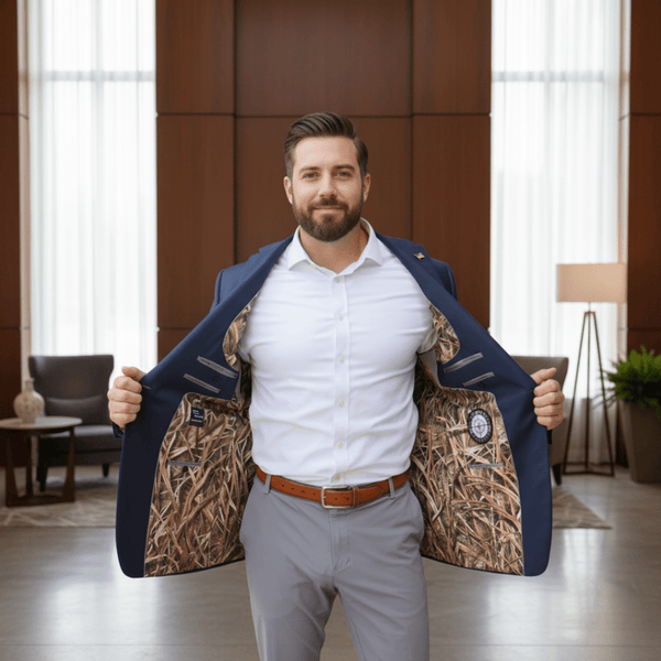 Man holding open a jacket with camouflage pattern in a room with large windows and furniture.