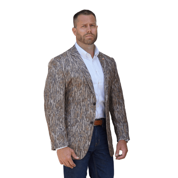 Man wearing a Perfect Pattern Sportcoats Camo Blazer Mossy Oak Blazer, Camouflage Suit Coat, Camo Suit coat, Bottomland Blazer