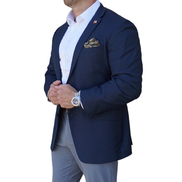 Super 100's Australian Merino Wool Blend Navy Blazer
Lined in Mossy Oak Original Bottomland 
Half-Canvassed Construction