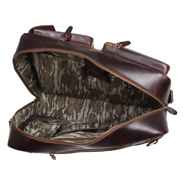Leather briefcase with Mossy Oak Bottomland liner.  A briefcase and a backpack with camo liner.