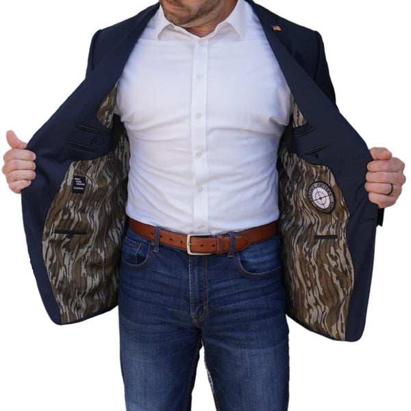 Super 100's Australian Merino Wool Blend Navy Blazer
Lined in Mossy Oak Original Bottomland 
Half-Canvassed Construction